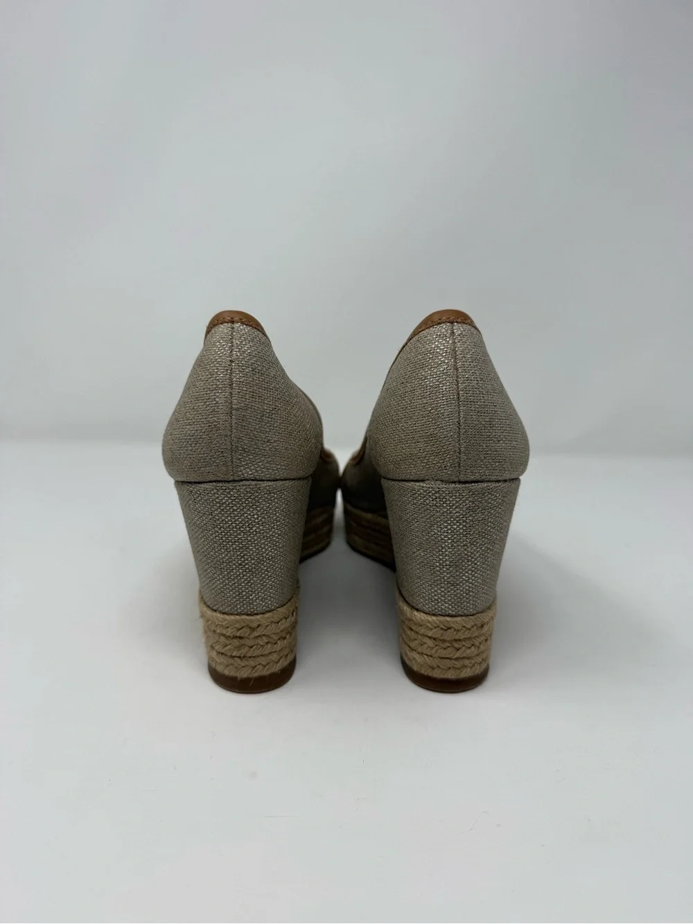 Tory Burch Taupe and Tan Espadrille Wedge Peep-Toe